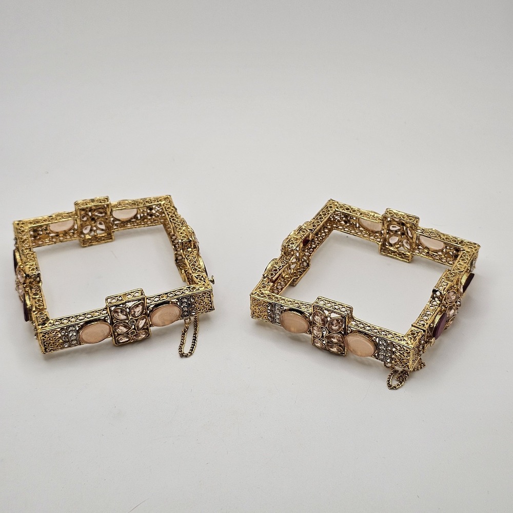 Gold Tone Square Jeweled Bangle Bracelets Hollow Filigree